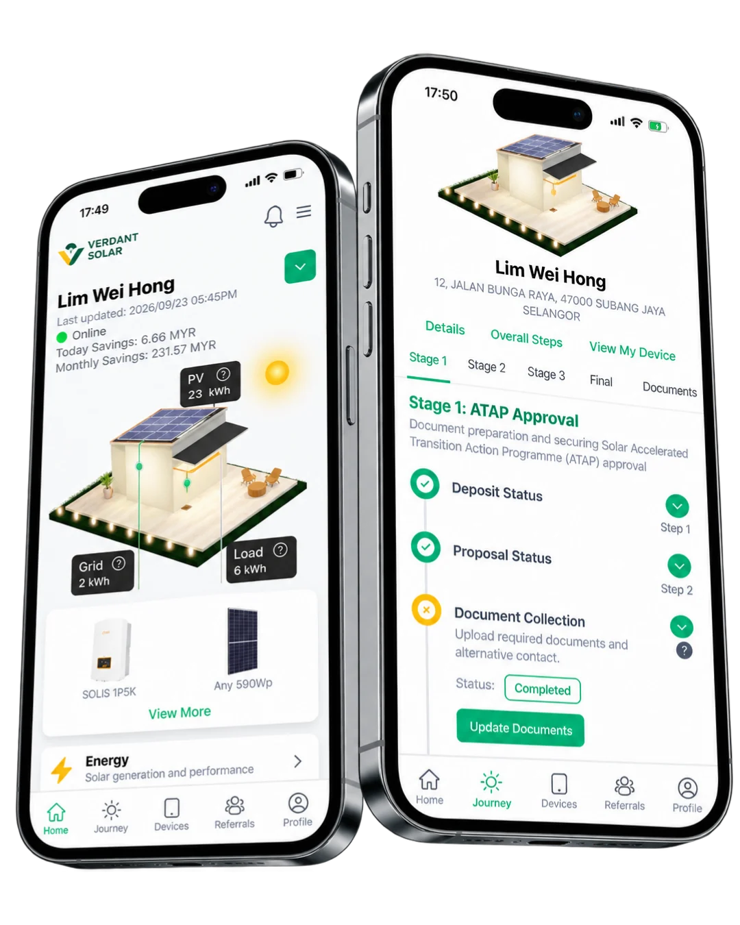 Two mobile screens showing the Verdant Home app dashboard and solar monitoring features